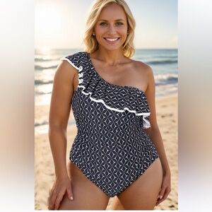 One piece one shoulder ruffled swimsuit geometrical print navy white NWOT M